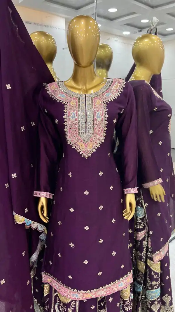 Cute Purple Color Chinnon Silk Embroidery Sequence Salwar Suit