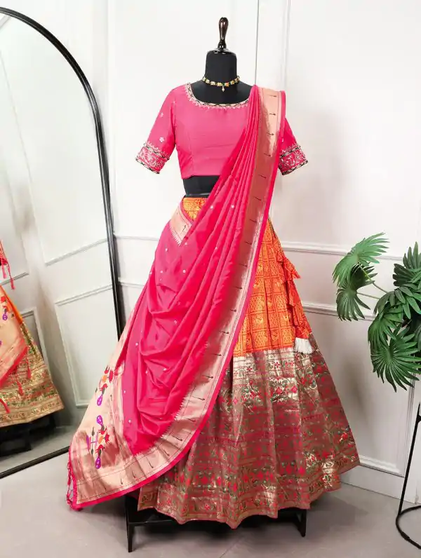 Elegant Orange Color Jacquard Zari Weaving Work Lehenga Choli