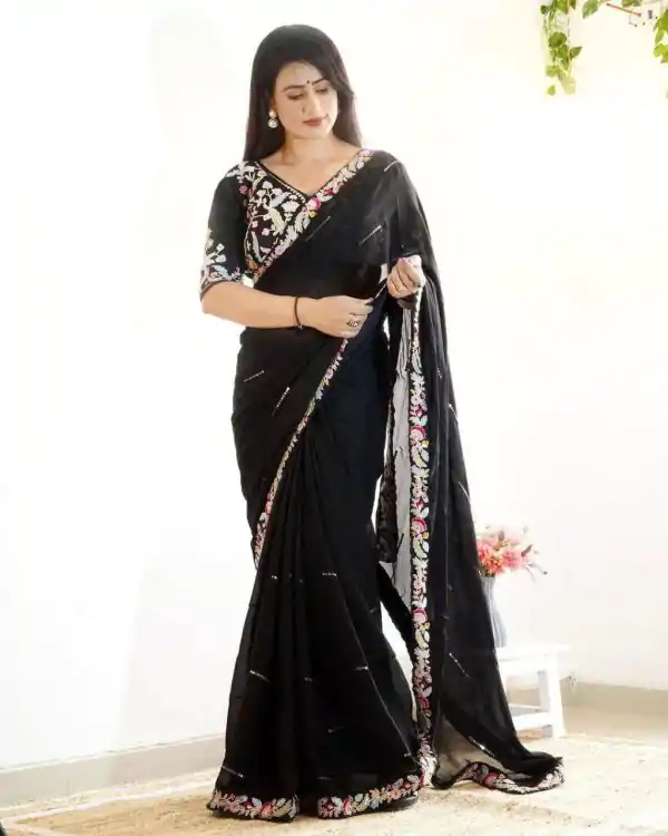 Fancy Black Color Rangoli Silk Beautiful Embroidery Saree