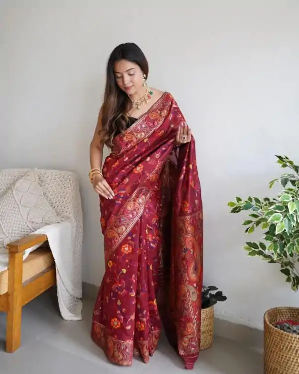 Fancy Maroon Color Kashmiri Running Thread Zari Work Saree