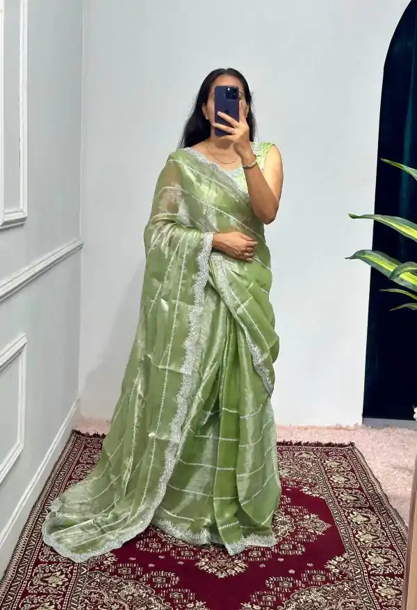 Fancy Pista Green Color Burberry Blooming Embroidery Zari Saree