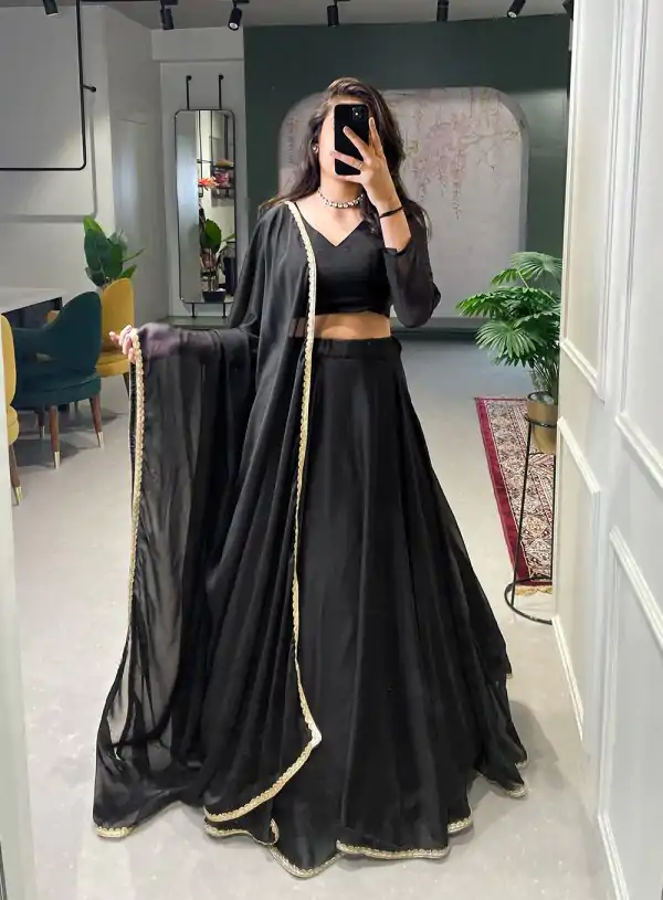 Grand Black Color Rangoli Silk Plain Lace Border  Lehenga Choli