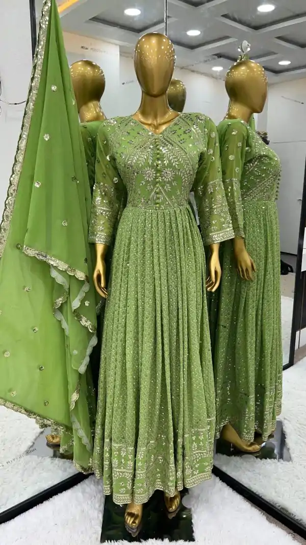 Luminous Green Color Georgette Embroidery Sequence Gown