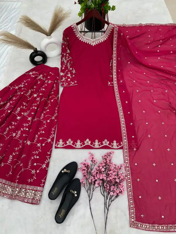 Luminous Red Color Georgette Embroidery Sequence Salwar Suit