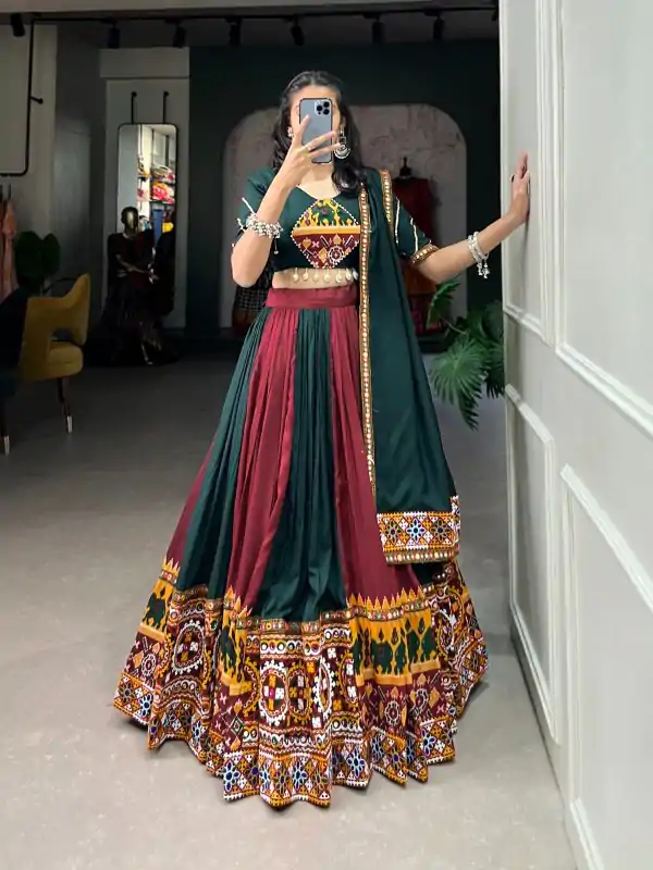 Majestic Green Color Rayon Printed Silk Work Lehenga Choli