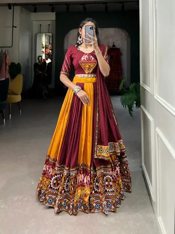 Majestic Mustard Color Rayon Printed Silk Work Lehenga Choli