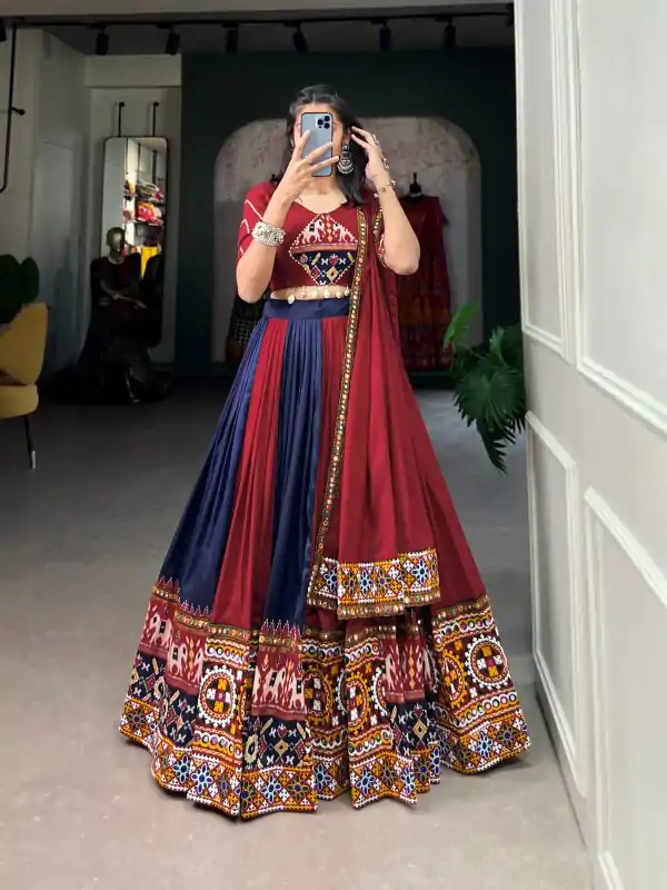 Majestic Navy Blue Color Rayon Printed Silk Work Lehenga Choli