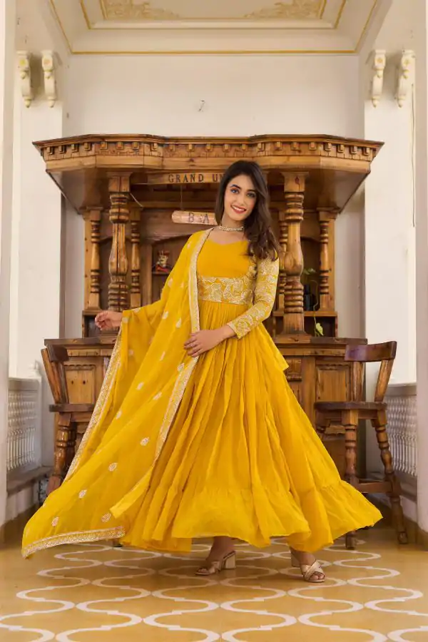 Majestic Yellow Color Fox Georgette Sequence Embroidery Gown