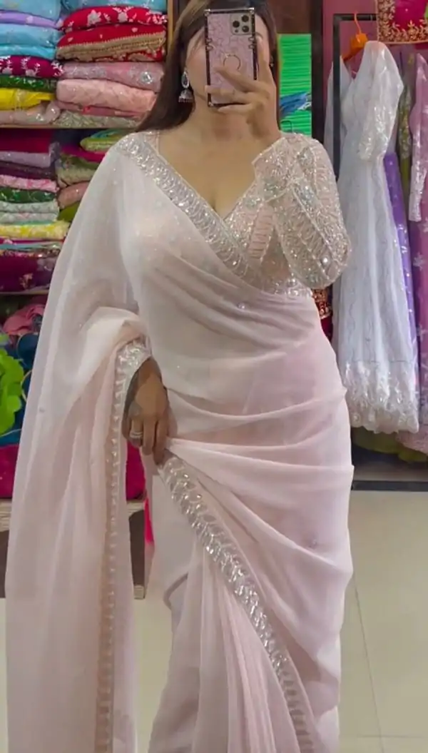 Peaceful Light Pink Color Georgette Thread Sequence Saree