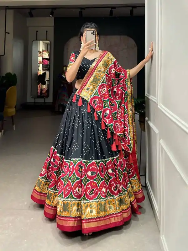 Perfect Black Color Tussar Silk Patola Printed Lehenga Choli