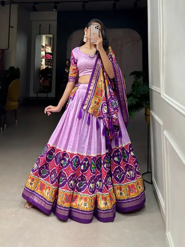 Perfect Lavender Color Tussar Silk Patola Printed Lehenga Choli