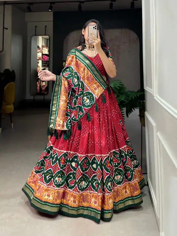 Perfect Red Color Tussar Silk Patola Printed Lehenga Choli