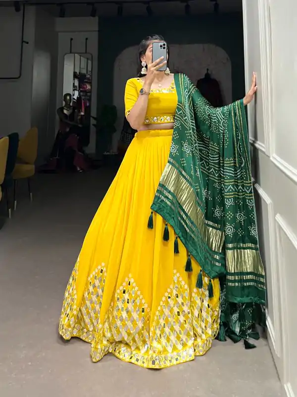 Pretty Yellow Color Georgette Sequins Embroidery Lehenga Choli