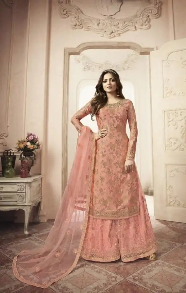 Special Peach Color Jacquard Silk Georgette Diamond Sharara Suit