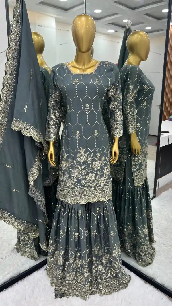 Stylish Blue Color Chinnon Silk Embroidery Work Sharara Suit