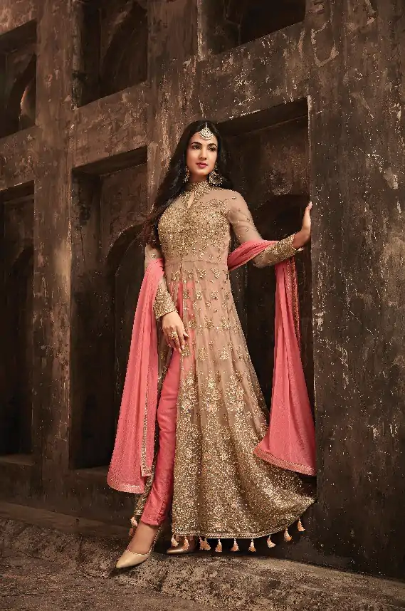 Stylish Golden & Pink Color Heavy Net Embroidery Salwar Suit