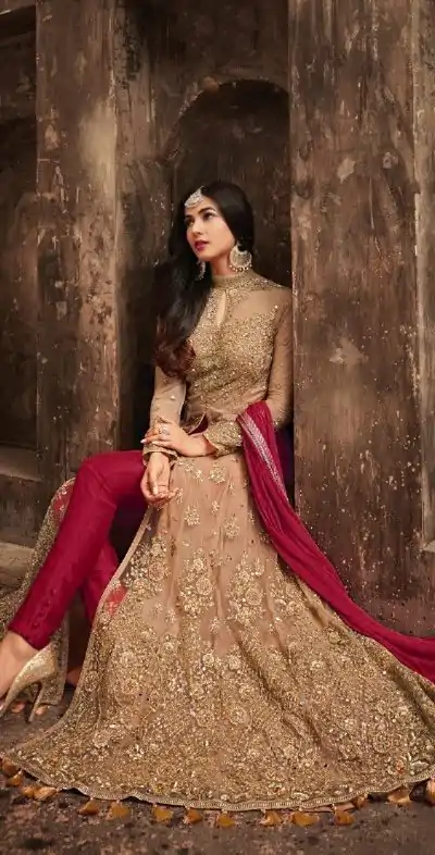 Stylish Golden & Red Color Heavy Net Embroidery Salwar Suit