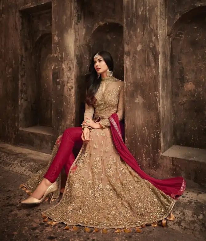 Stylish Golden & Red Color Heavy Net Embroidery Salwar Suit