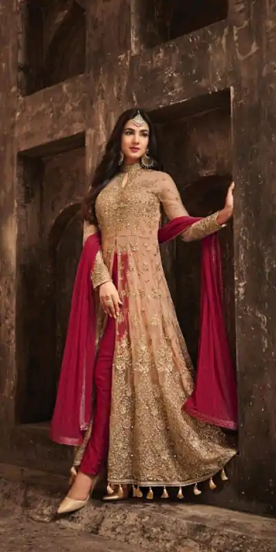Stylish Golden & Red Color Heavy Net Embroidery Salwar Suit