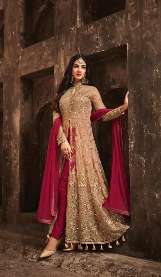 Stylish Golden & Red Color Heavy Net Embroidery Salwar Suit