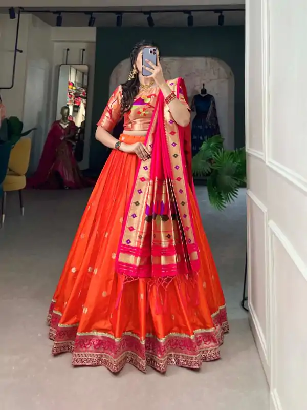 Stylish Orange Color Jacquard Silk Weaving Zari Lehenga Choli