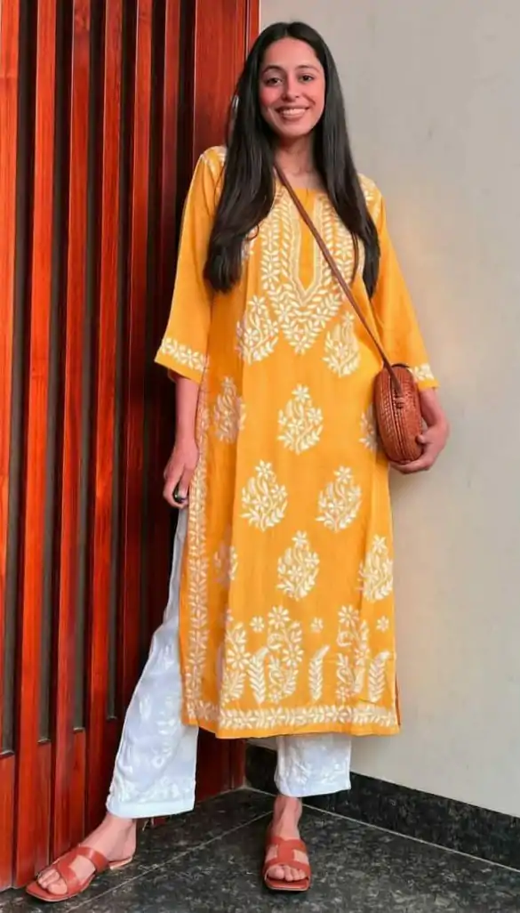 Stylish Yellow Color Heavy Rayon Cotton Style Embroidery Kurti