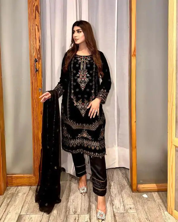 Sublime Black Color Viscose Velvet Embroidery Salwar Suit