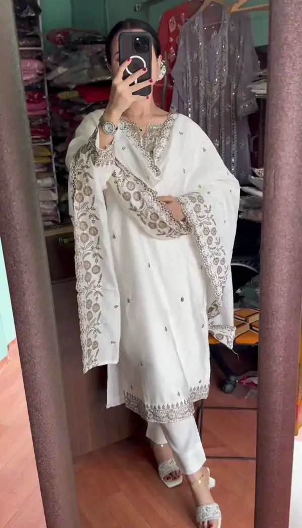 Sublime White Color Chinnon Silk Sequence Salwar Suit