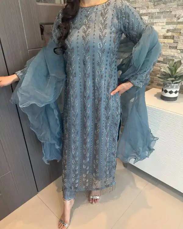 Superb Blue Color Muslin Digital Printed Hand Work Salwar Suit