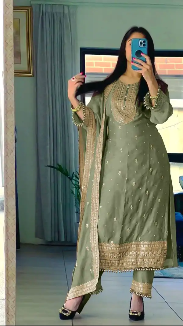 Superb Green Color Chinnon Silk Embroidery Sequence Salwar Suit