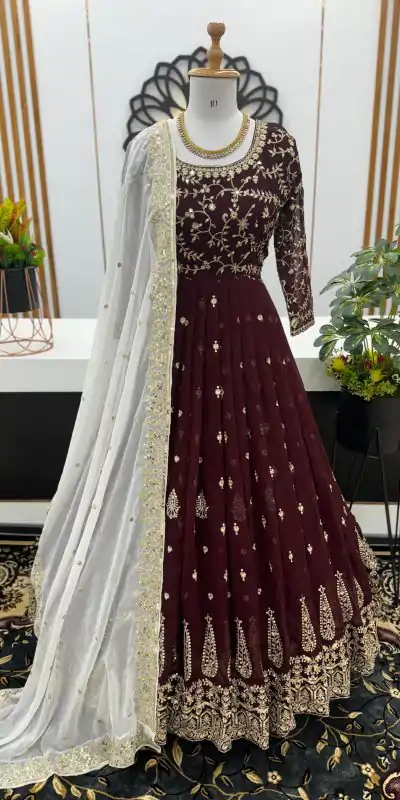Aglow Maroon Color Georgette Embroidery Sequence Gown