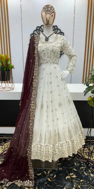 Aglow White Color Georgette Embroidery Sequence Gown