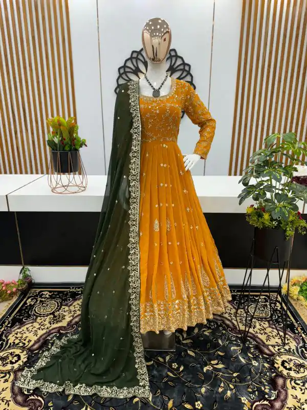 Aglow Yellow Color Georgette Embroidery Sequence Gown