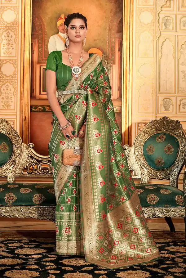 Classic Mehndi Color Organza Silk Weaving Patola Work Saree