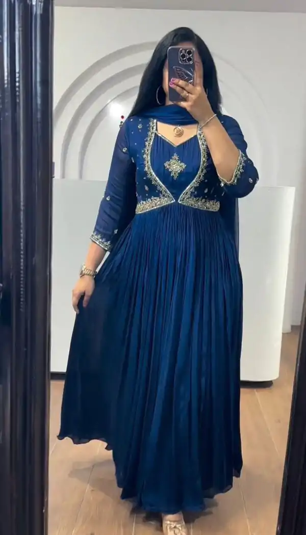 Classic Royal Blue Color Chinon Silk Thread Sequence Anarkali Suit