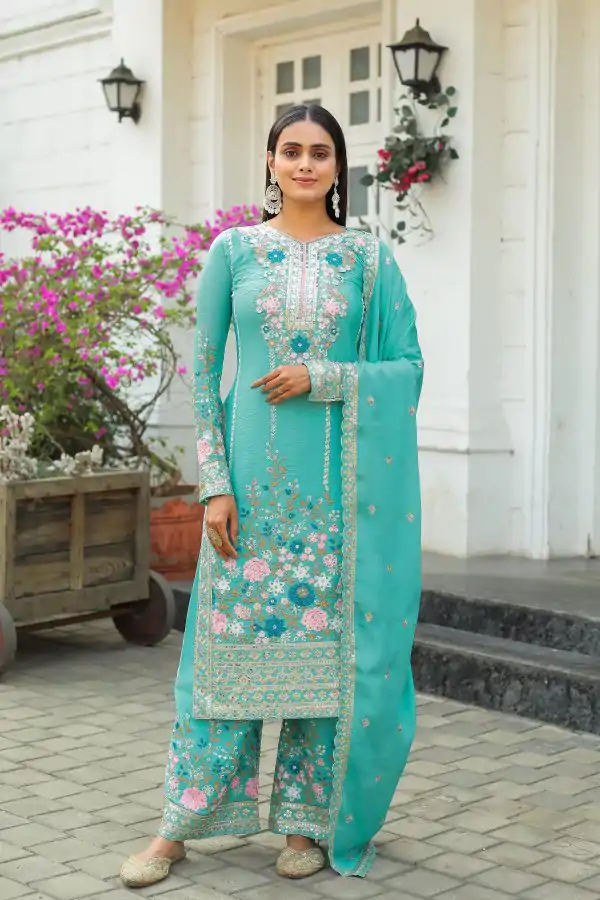 Fancy Firozi Color Chinon Silk Diamond Work Sharara Suit