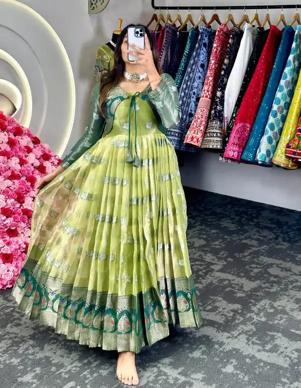 Fancy Green Color Kota Silk Weaving Jacquard With Koti Gown