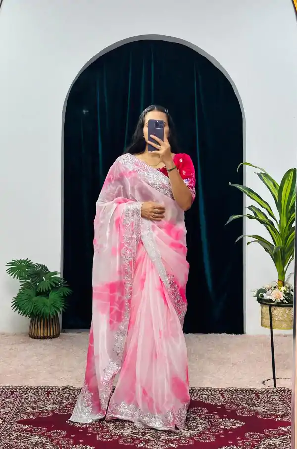 Fancy Pink Color Burberry Blooming Embroidery Zari Saree