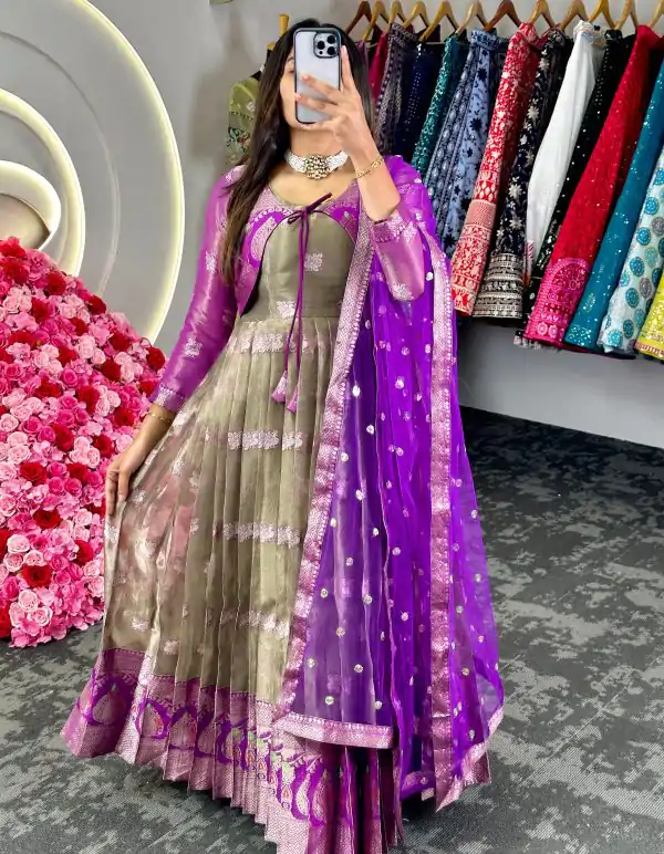 Fancy Purple Color Kota Silk Weaving Jacquard With Koti Gown