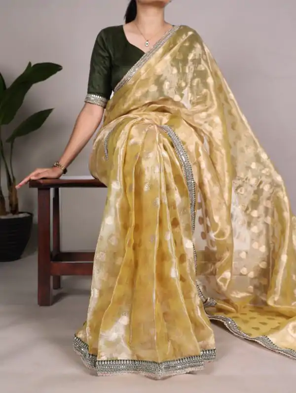 Fine Mustard Color Banarasi Tissue Silk Zari Weaving Work Saree