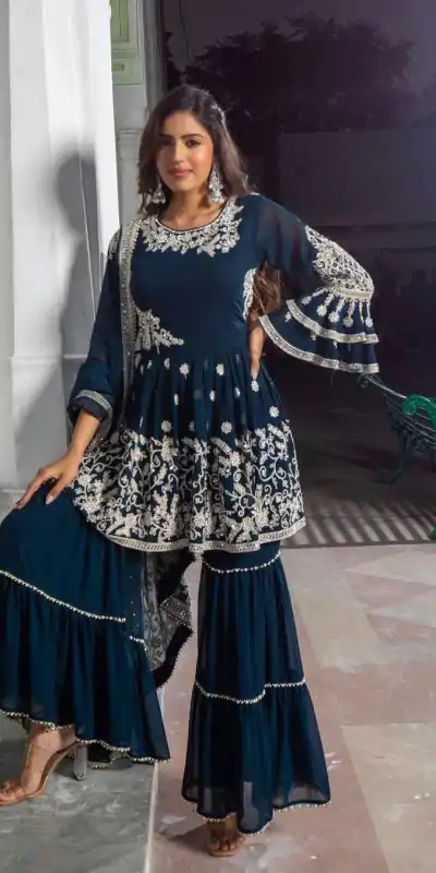 Nice Blue Color Georgette Embroidery Heavy Moti Lace Salwar Suit