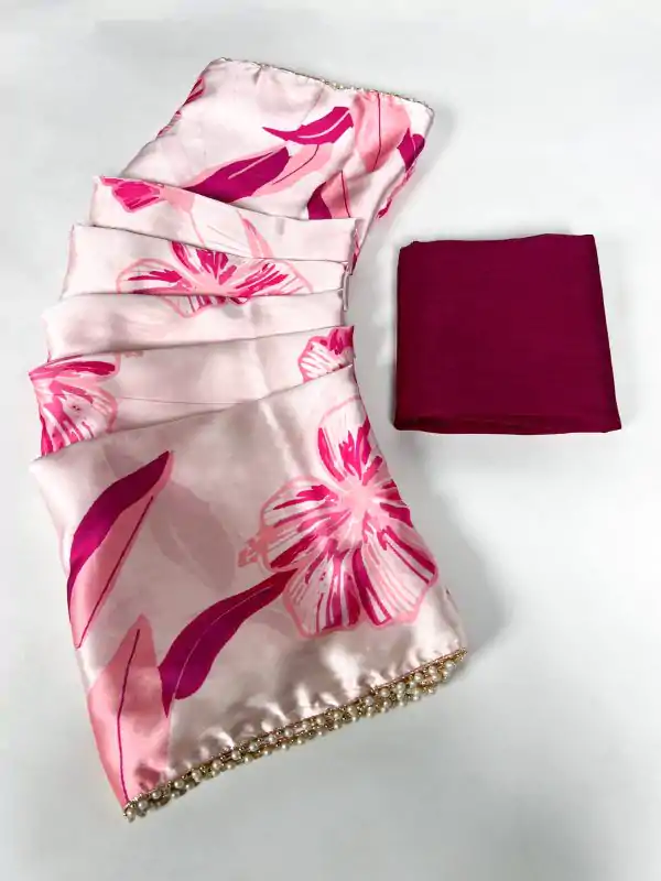 Nice Light Pink Color Satin Silk Floral Printed Lace Border Saree