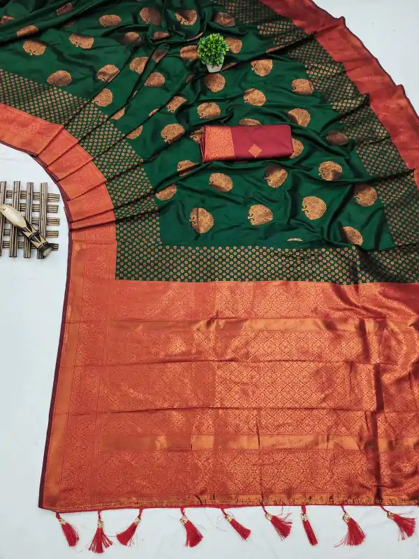 Superb Dark Green Color Soft Silk Copper Zari Design Saree