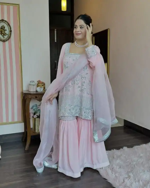 Superb Light Pink Georgette Material Embroidery Salwar Suit