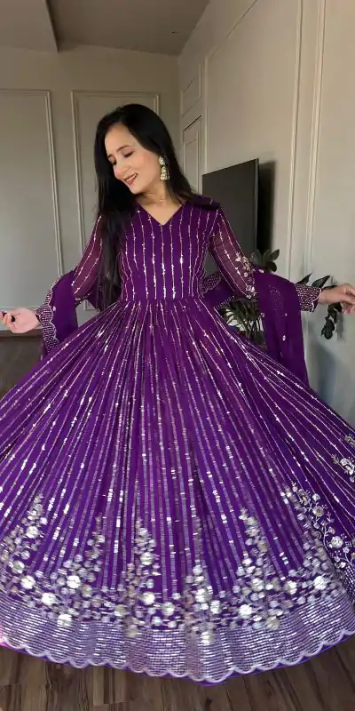 Women's Purple Color Fox Georgette sequence Embroidery Work With Gown