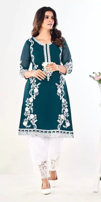 Superb Dark Green Color Georgette and Heavy Embroidery work Kurti With Pant