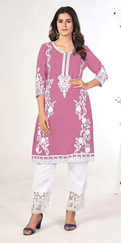Superb Pink Color Georgette and Heavy Embroidery work Kurti With Pant