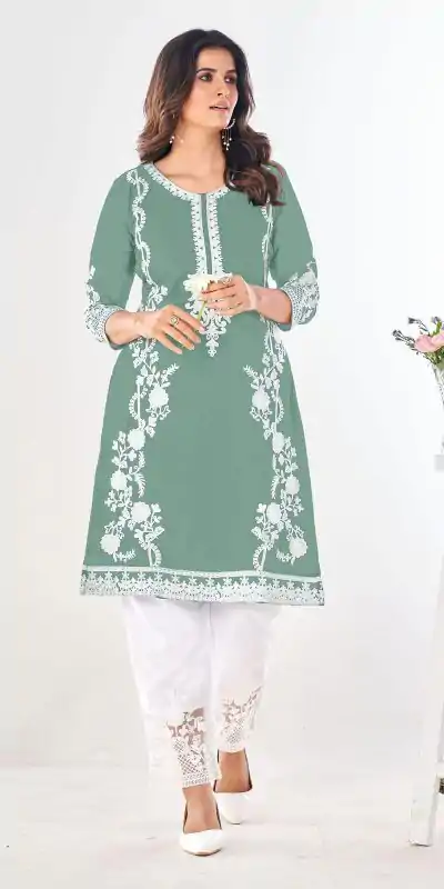 Superb Pista Green Color Georgette and Heavy Embroidery work Kurti With Pant