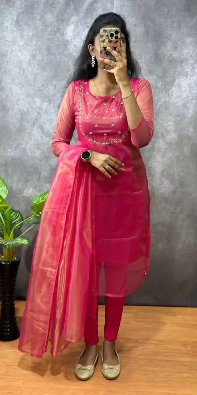 Superb Rani Color Heavy Twill Golden Shining Fabric Kurti