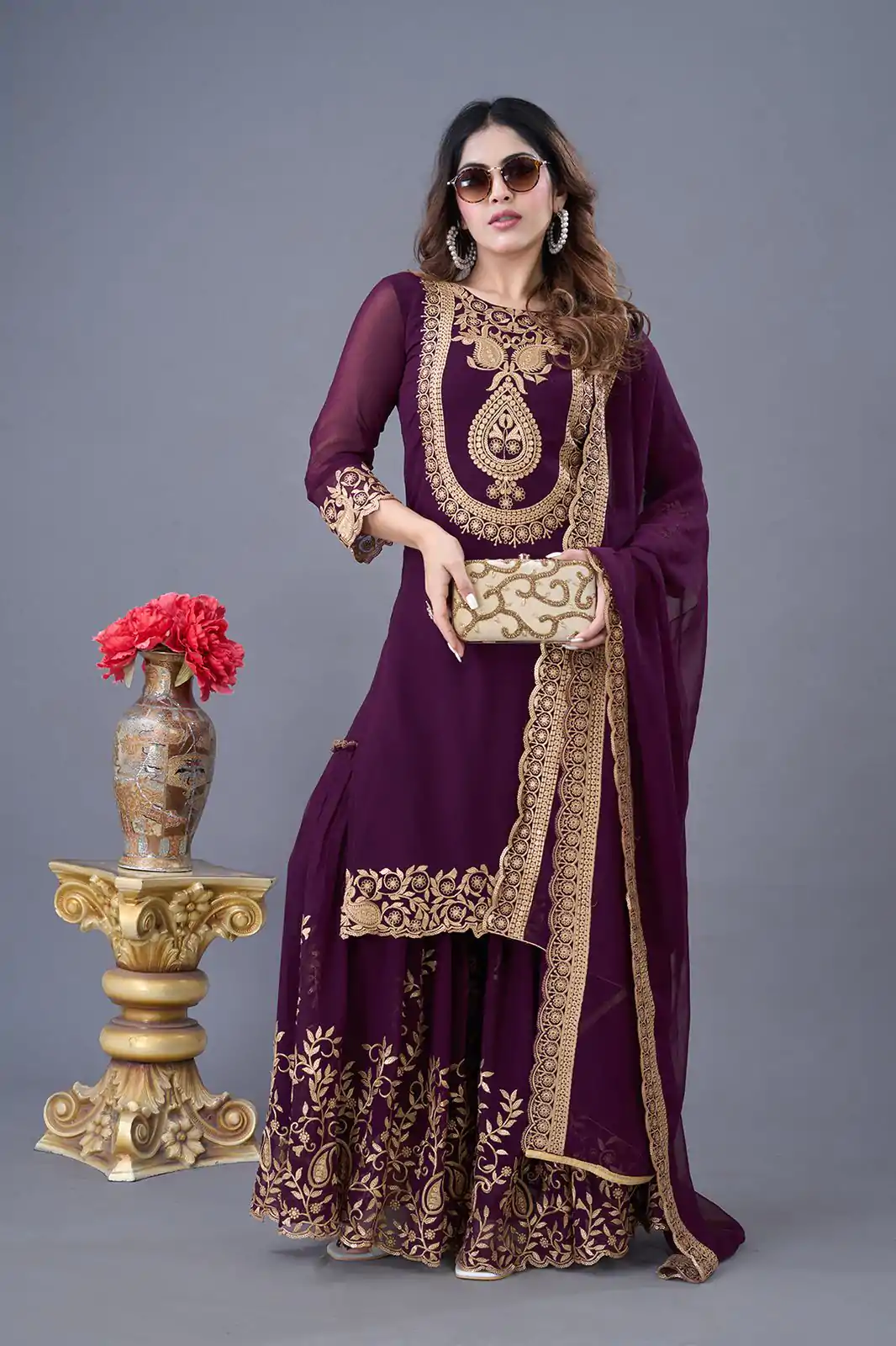 Wine Faux Georgette Embroidery Sequence Work Salwar Suit - Image 2
